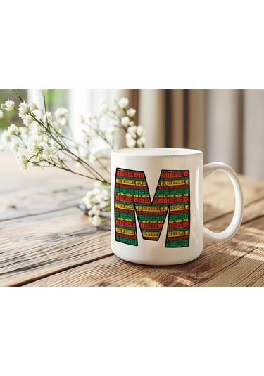 M Harfi Etnik Desenli Kupa - Afrika Tarzı Kahve Çay Kupası - Hediyelik - Black History Beyaz