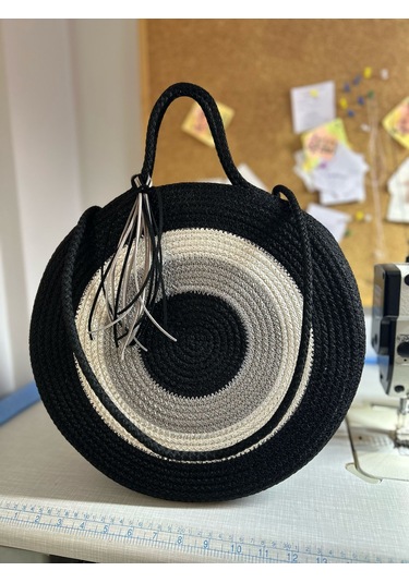 Hasır Çanta, Silindir Çanta, Tasarım Çanta, Silindir Siyah Nazar El Çantası Siyah - Gri - Bej