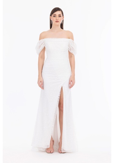Kadın Straplez Yaka Balon Kol Dar Form Abiye Elbise - Ekru Ekru
