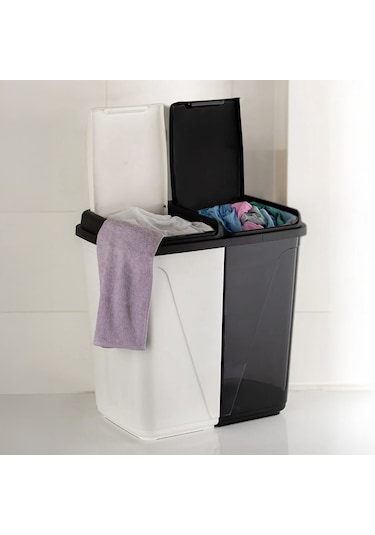 Porsima 0047 Çift Gözlü Etiketli Çamaşır Sepeti 90 L Beyaz - Siyah