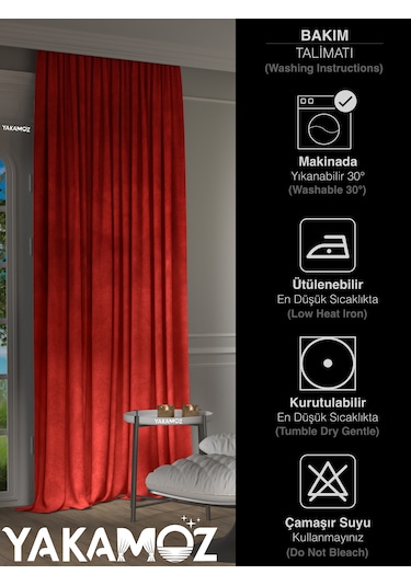 Yakamoz Kadife Görünüm Kırmızı Ada Fon Perde Ekstraforlu Velvet Touch Serisi Kırmızı