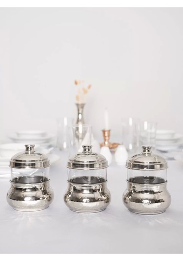 Bakır Baharatlık Camlı Hazneli Mini Boy 3'lü Set Gümüş