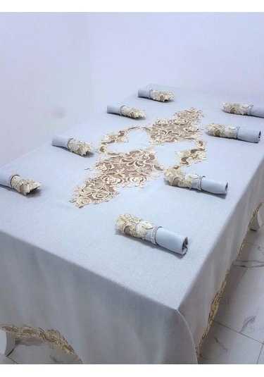 Finezza Henna Güpürlü Keten Gri Sofra Takımı 8 Kişilik 160X230 Cm