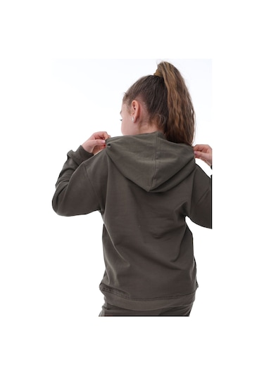 Basic Kapüşonlu Şardonlu Kanguru Cep Detaylı Çocuk Sweatshirt 3-10 Yaş Ekru Haki