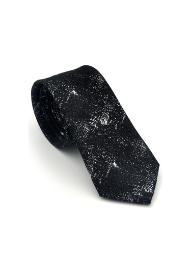 Gaffy Beyaz Desenli Siyah Dokuma Kumaş Mendilli Slim Fit Kravat // Sdk-2613-1 Siyah