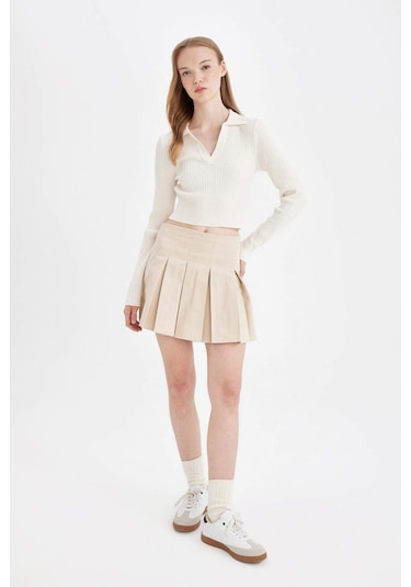 Defacto Coool Piliseli Normal Bel Basic Düz Gabardin Mini Etek D5265AX24AUER42 Ekru