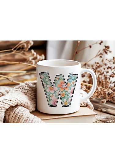 W Harfli Pastel Çiçek Desenli Kahve Kupası - Kişiye Özel Çiçekler Koleksiyonu Bardak - Hediye Beyaz