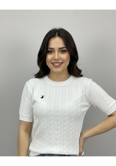Hidafashion Saç Örgü Polo Nakışlı Tişört Beyaz
