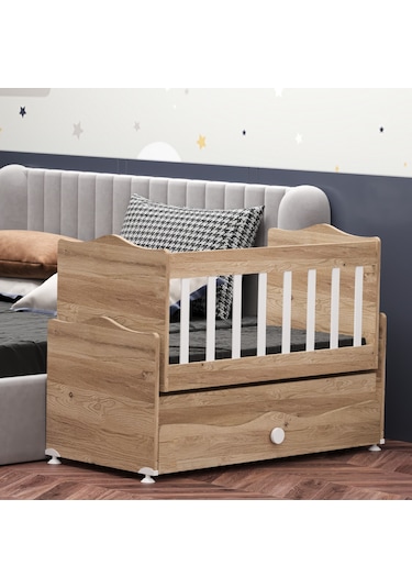 Garaj Home İnci Çekmeceli Anne Yanı Beşik + Yatak - Meşe Beyaz