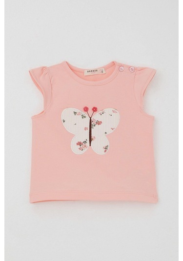 Breeze Kız Bebek Şortlu Takım Çiçek Baskılı Kelebek Nakışlı Düğme Aksesuarlı 6 Ay-2 Yaş, Somon SOMON