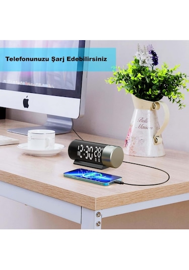 Modern Projeksiyonlu Silindir Led Çalar Saat Dijital Ekran, Usb, Sıcaklık & Çift Alarm Siyah