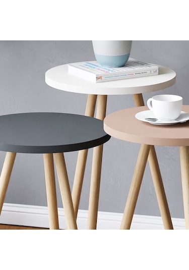 İntergo Renkli Üçlü Ahşap Ayaklı Yuvarlak Pastel Tasarım Zigon Sehpa Beyaz-Cappuccino-Gri
