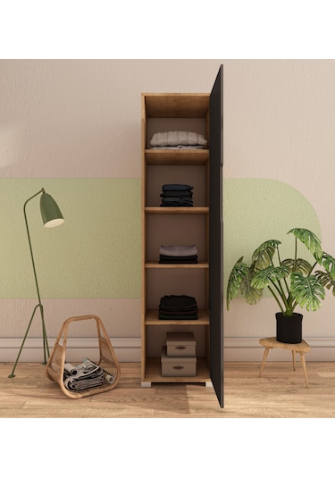 Flora 1 Kapaklı 5 Raflı Gardırop Safir Meşe - Antrasit Elbise Dol