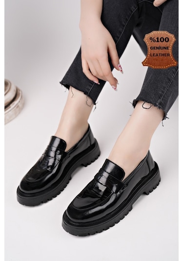 Muggo Paradise Hakiki Deri Kalın Taban Günlük Casual Makosen Kadın Loafer Ayakkabı Siyah Rugan