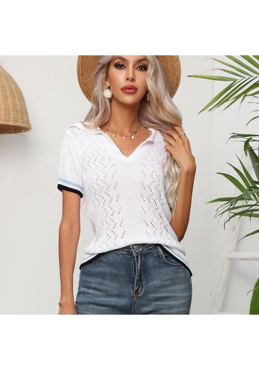 Gmxıa Kadın Modası Günlük Düz Renk Baskı Kısa Kollu V Yaka Bluzlar Ve Gömlekler Örme Kısa Kollu Beyaz