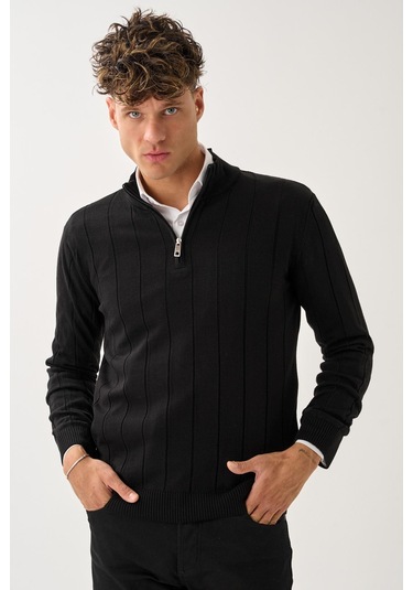 Dikey Dokuma Desenli Fermuarlı Triko Kazak Siyah