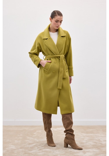 Sateen Beli Bağlamalı Uzun Kaban - Yağ Yeşili-136628 Yeşil