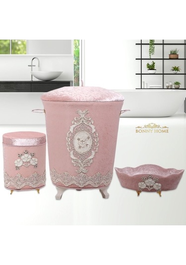 Lisa Pudra 3Lü Kadife Banyo Kirli Çamaşır Sepeti Seti Pudra