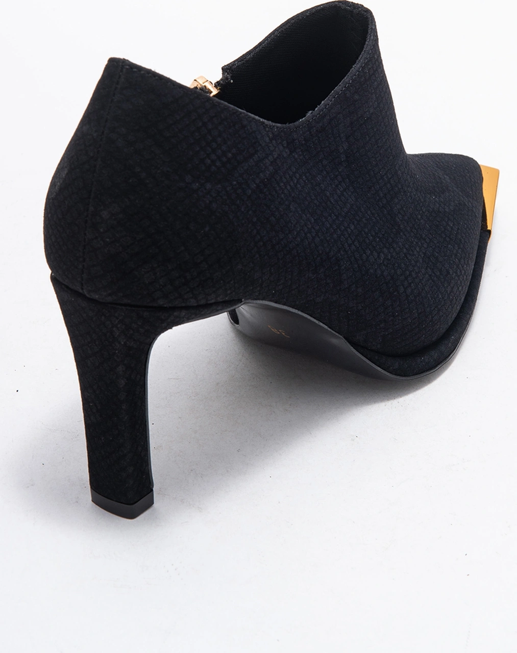 Sona Siyah Desenli Altın Detaylı Fermuarlı Kadın Bilekte Topuklu Ayakkabı Siyah Yılan