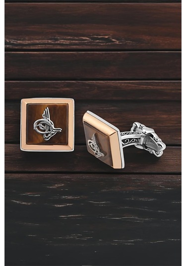 Gümüş Kaplan Gözü Taşlı Osmanlı Tuğralı Kol Düğmesi -5704 Gümüş