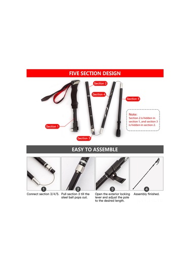 Leezsing Alüminyum Trekking Çubuğu 5 Bölümlü Katlanabilir 110-130cm 265g Kırmızı Dağcı Çubuğu Taşınabilir Çanta İçerir Çok Renkli