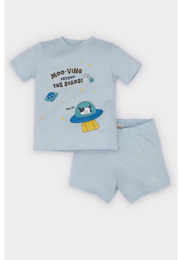 DeFacto Erkek Bebek Pijama Takımı Baskılı Kısa Kollu Penye Üst Beli Lastikli Şort E1184A525HSBE343 Mavi