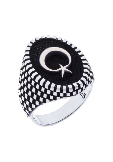 925 Ayar Gümüş Damalı Ay Yıldız Yüzük