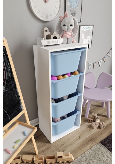 %100 Mdf - Large Mono 4 Büyük Sepetli Oyuncak Dolabı Mavi