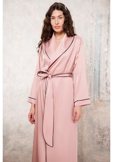 Francesca Gül Kurusu Uzun Saten Biye Detaylı Sabahlık / Kimono Pembe