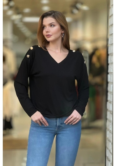 Omuz Düğme Detaylı Bluz Siyah