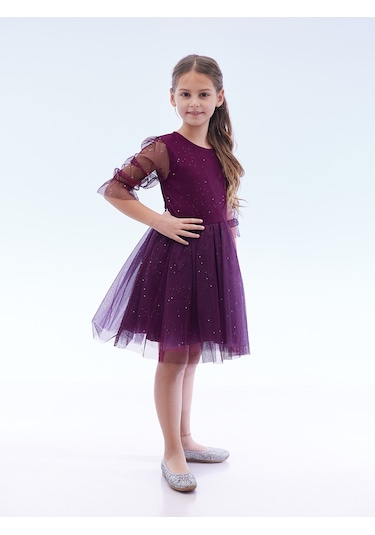 Ahengim Kız Çocuk Yıldız Baskılı Trend Tül Elbise Ak2246 Mor