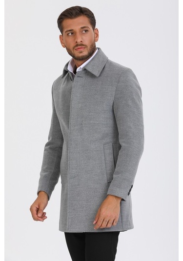 Erkek Açık Gri Dar Kesim Yün Karışımlı Kaşe Gömlek Yaka Kaban-Açık Gri