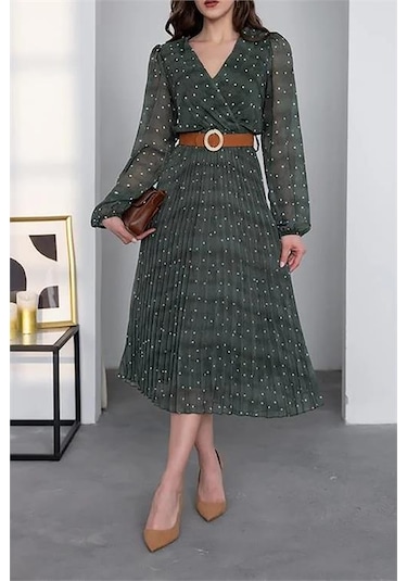 Neşeli Butik Kadın Kemerli Puantiye Desenli Şifon Elbise Nbmy3286 Yeşil