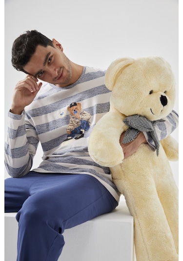 Erkek Pamuklu Uzun Kollu Üst Ayıcık Baskılı Pijama Takımı Ke77620 Lacivert
