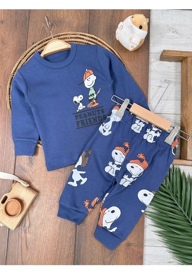 Bisiklet Yaka Peanuts Friends Baskılı Alt Üst Pijama Takımı 4bb2 Lacivert