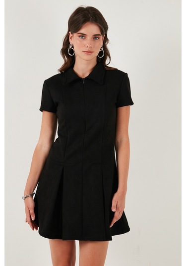 Lela Regular Fit Fermuarlı Polo Yaka Kısa Kollu Pileli Süet Bayan Elbise 5866438 Siyah
