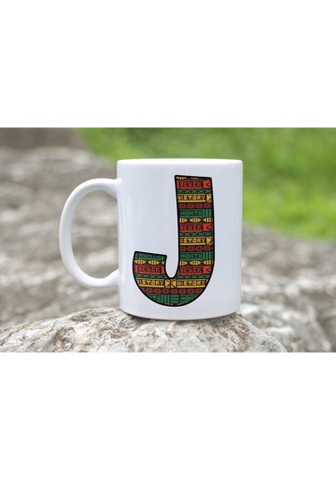 J Harfi Etnik Desenli Kupa - Afrika Tarzı Kahve Çay Kupası - Hediyelik - Black History Beyaz