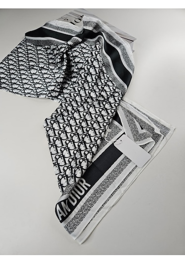 Miorel Scarfs Yeni Sezon Harf Desen Cd Vual İpek Şal Fular Silk Scarfs Shawl Hijab Siyah