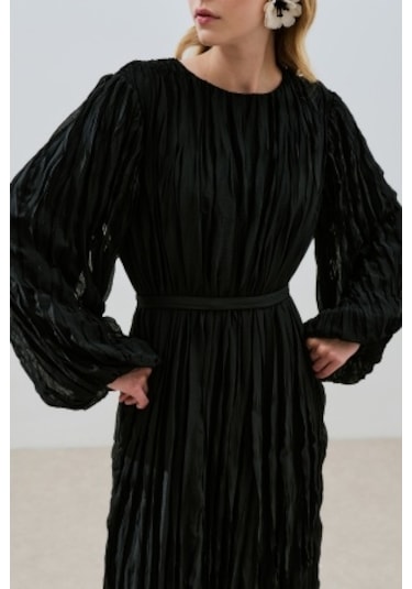 Piliseli Şifon Elbise Siyah Siyah