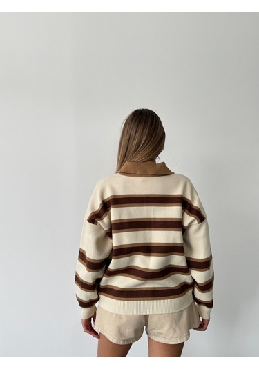 Kadın Polo Yaka Çizgili Triko Kazak Bej