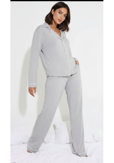 Düğmeli Biyeli Pijama Takımı Gri