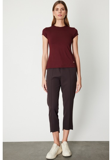 On Kadın Sıfır Yaka Ay Kol Basic Bluz 61302 Bordo Bordo