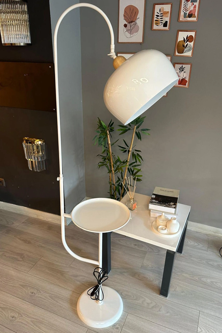 Lambader Beyaz Hareketli Başlık Sehpalı Modern Dekoratif Metal Oturma Odası Çalışma Odası Zemin Beyaz