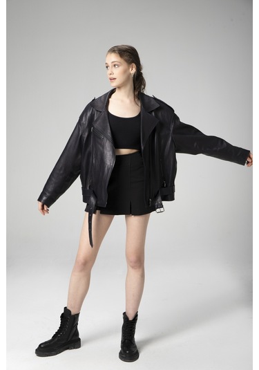 Dericlub Pamela Unisex Jumbo Oversize Biker Hakiki Deri Mont Lacivert Null Lacivert