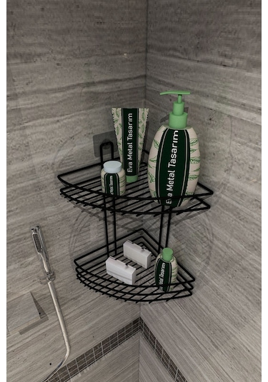Corelle Kitchen Yapışkanlı 2 Katlı Banyo Köşeliği Köşe Rafı Duş Şampuanlık Duvar Düzenleyici Organizer Raf Siyah
