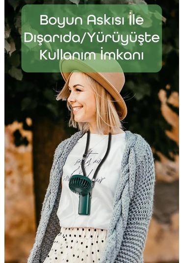 Lcd Ekranlı Şarjlı El Fanı Mini Vantilatör 5 Kademe Sessiz Boyun Askılı Yeşil Fan