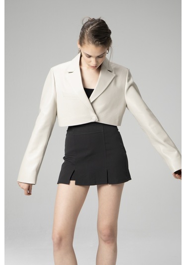Dericlub Jasmine Kadın Crop Blazer Hakiki Deri Ceket Bej Null Bej