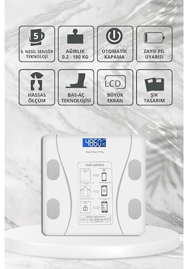 Beyaz Renk Bluetooth Özellikli Akıllı Tartı Çok Renkli