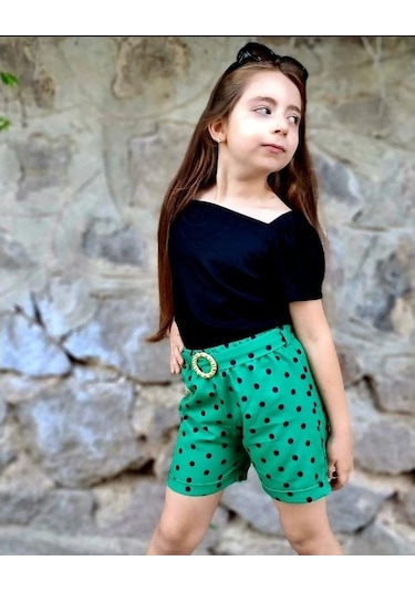 MODAVALS KIZ ÇOCUK PUANTİYELİ KEMERLİ ŞORT VE BLUZ KOMBİN - YEŞİL Yeşil