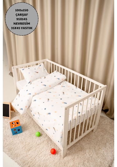 Bebek Nevresim Takımı Fermuarlı 95x145 CM Mavi Yıldız